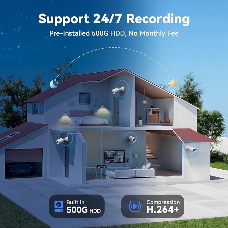 (D5Z)Wired 4CH DVR Security Camera System 4 1080P Waterproof Cam 500GB HDD