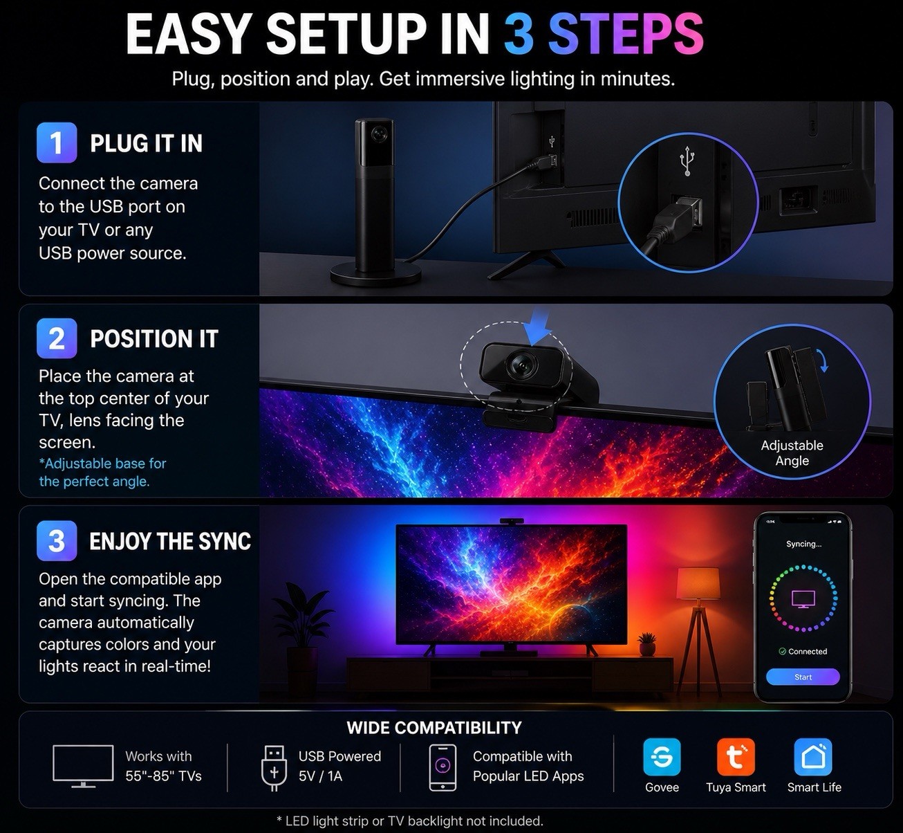 LED TV Backlight with Camera Sync, RGB Ambient Lights for TV, USB Powered