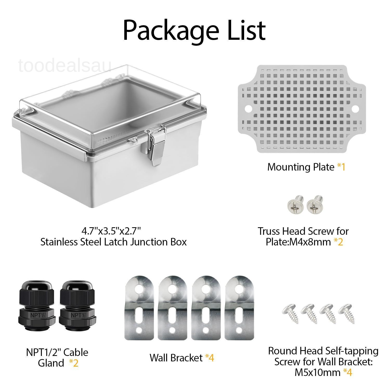 Electrical Box, IP67 Waterproof Hinged 4.7″x3.5″x2.7″, Clear Cover