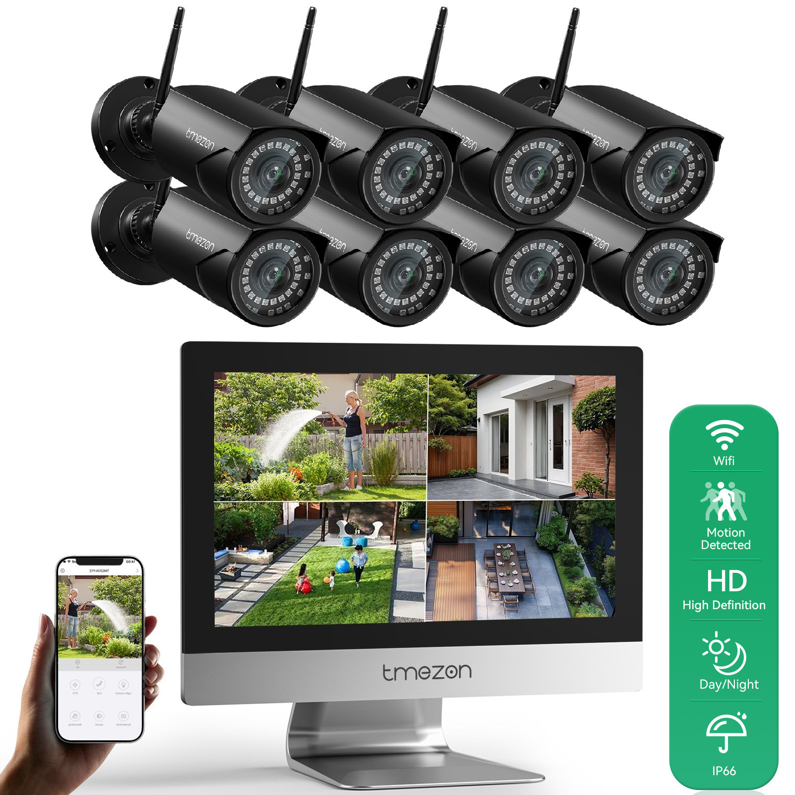 3MP Wireless Security Camera System WiFi Outdoor Home 12”Monitor 10CH NVR 1TB