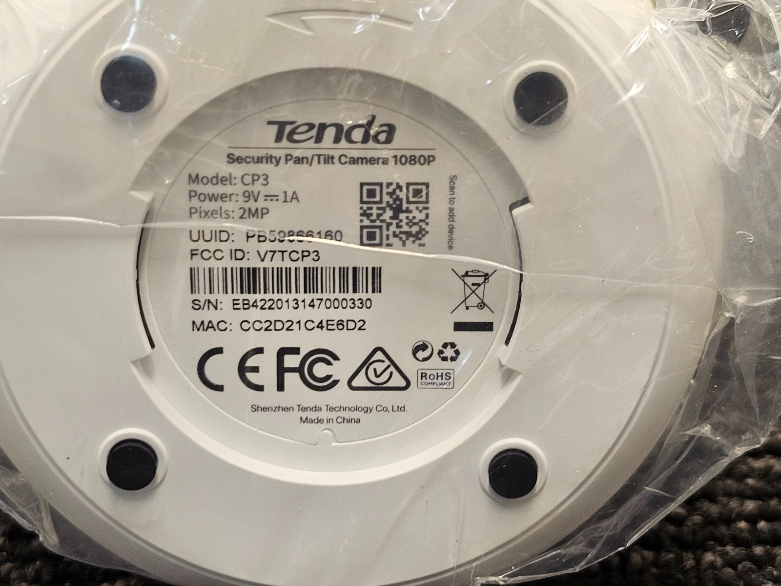 TENDA CP3 WIFI Surveillance Camera Wireless Horizontal Rotation 1080p 9V-1A 2MP