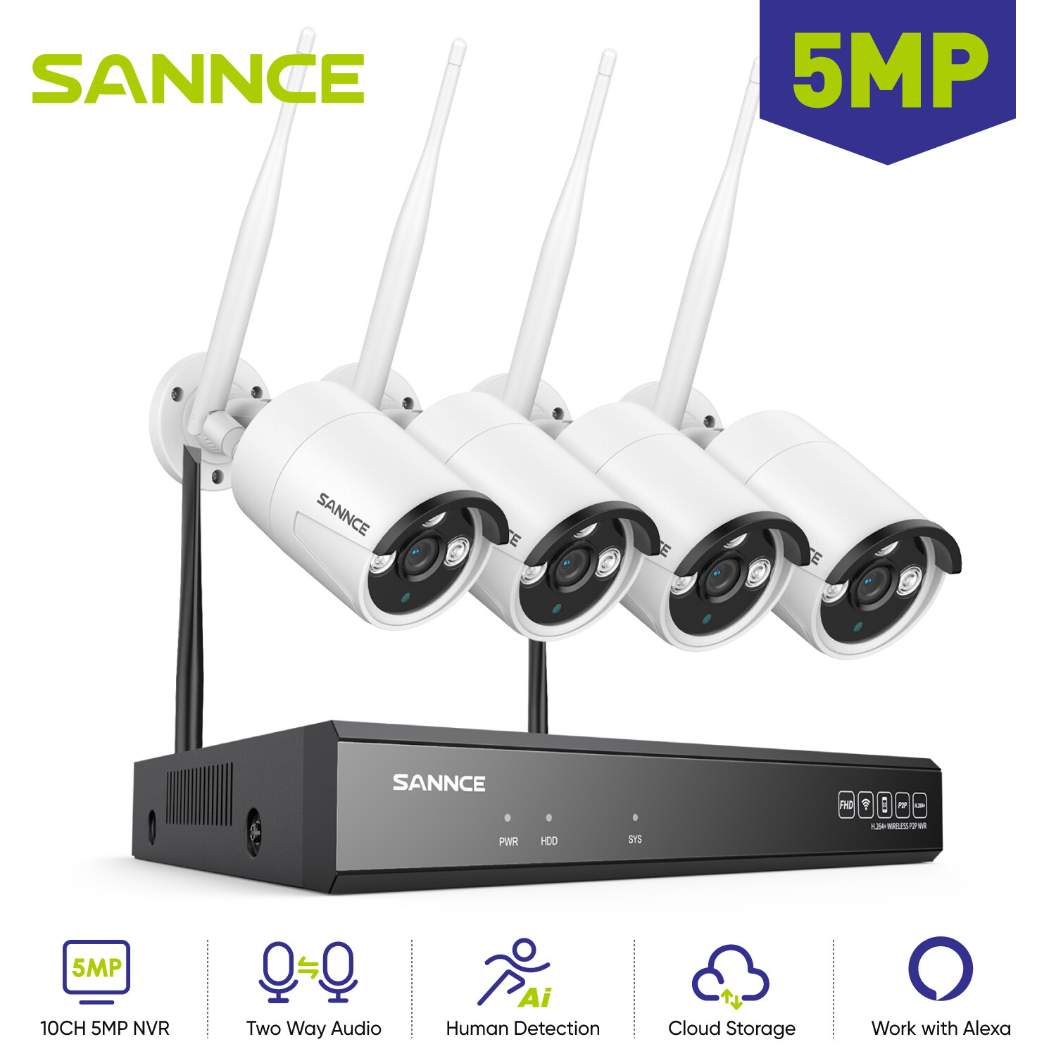 SANNCE Wireless Security Camera System CCTV 5MP 8CH NVR 2 Way Audio Human Detect