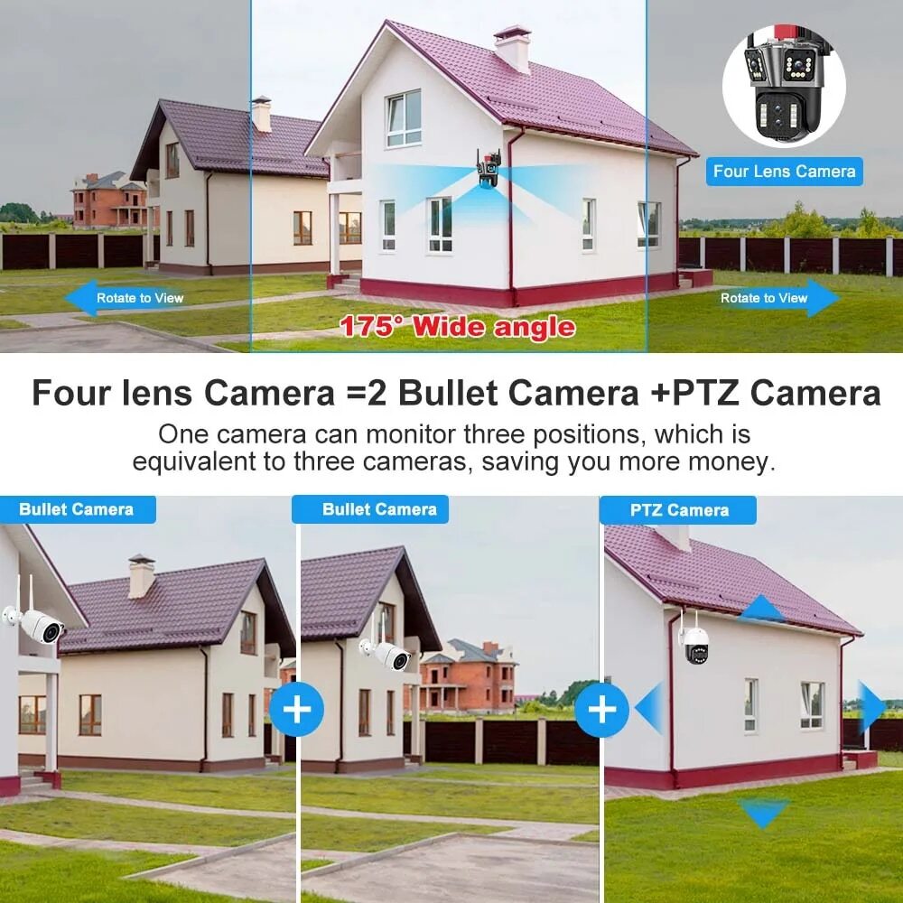 8K 10X Wireless Security Wifi 16MP IP Camera Four Lens Wifi Surveillance Cameras