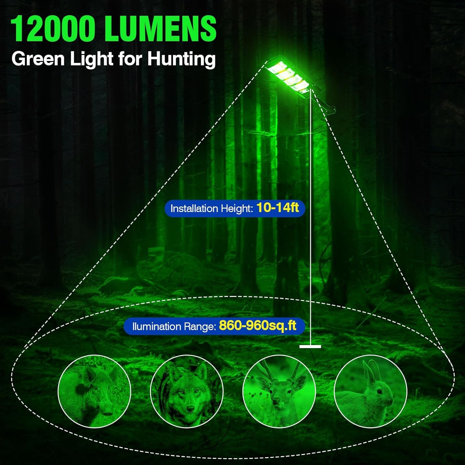 Hog Lights for Night Hunting, 12000LM Solar Green Hunting Light 1 Pack, Black