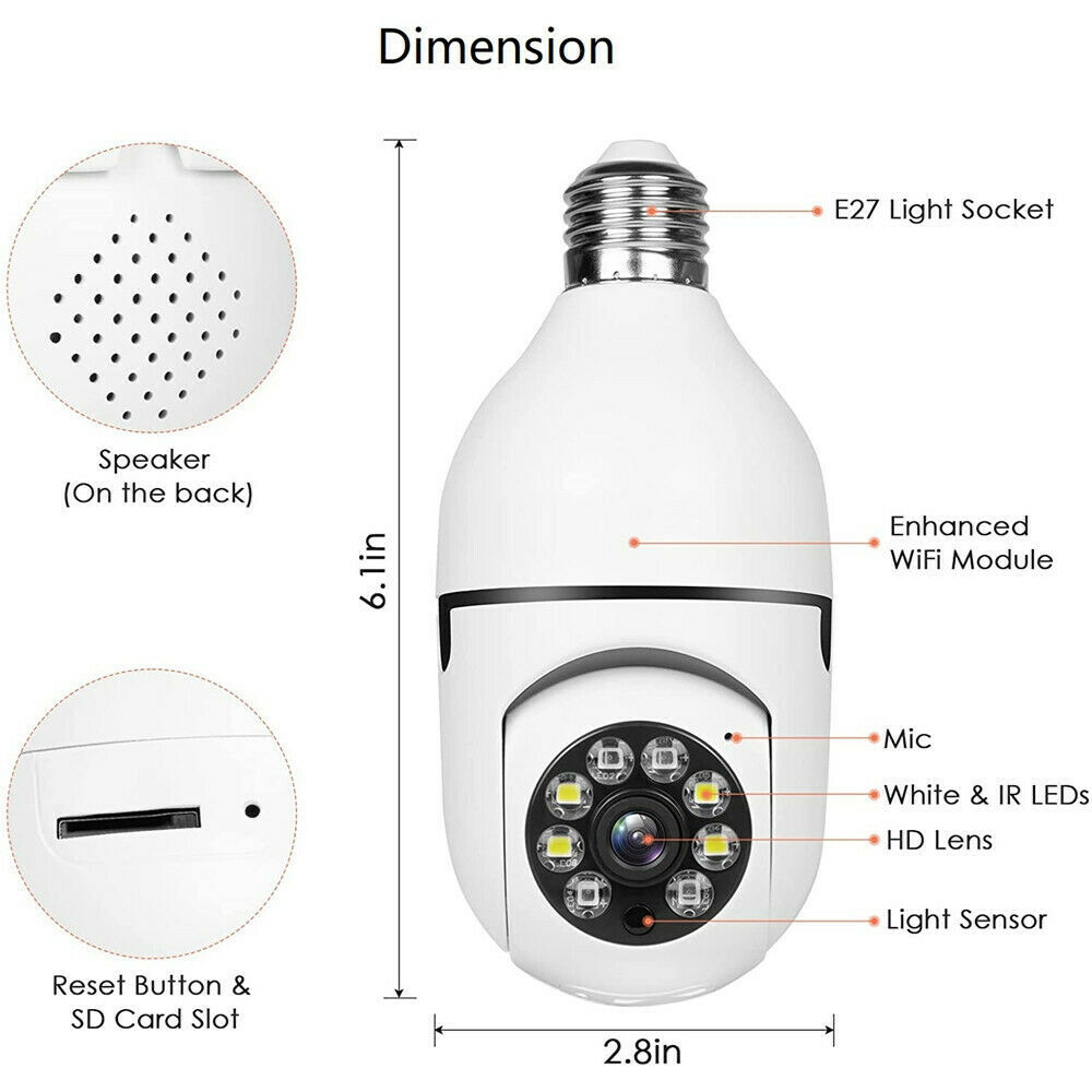 360° Panoramic WiFi IR IP E27 Light Bulb Camera 1080P HD Night Smart Home