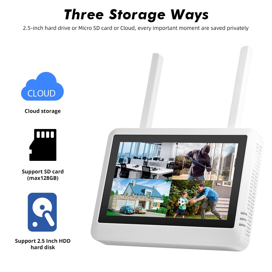 WiFi Wireless Camera Security Package H.265+ 7 Inch Screen NVR Mobile Access Kit
