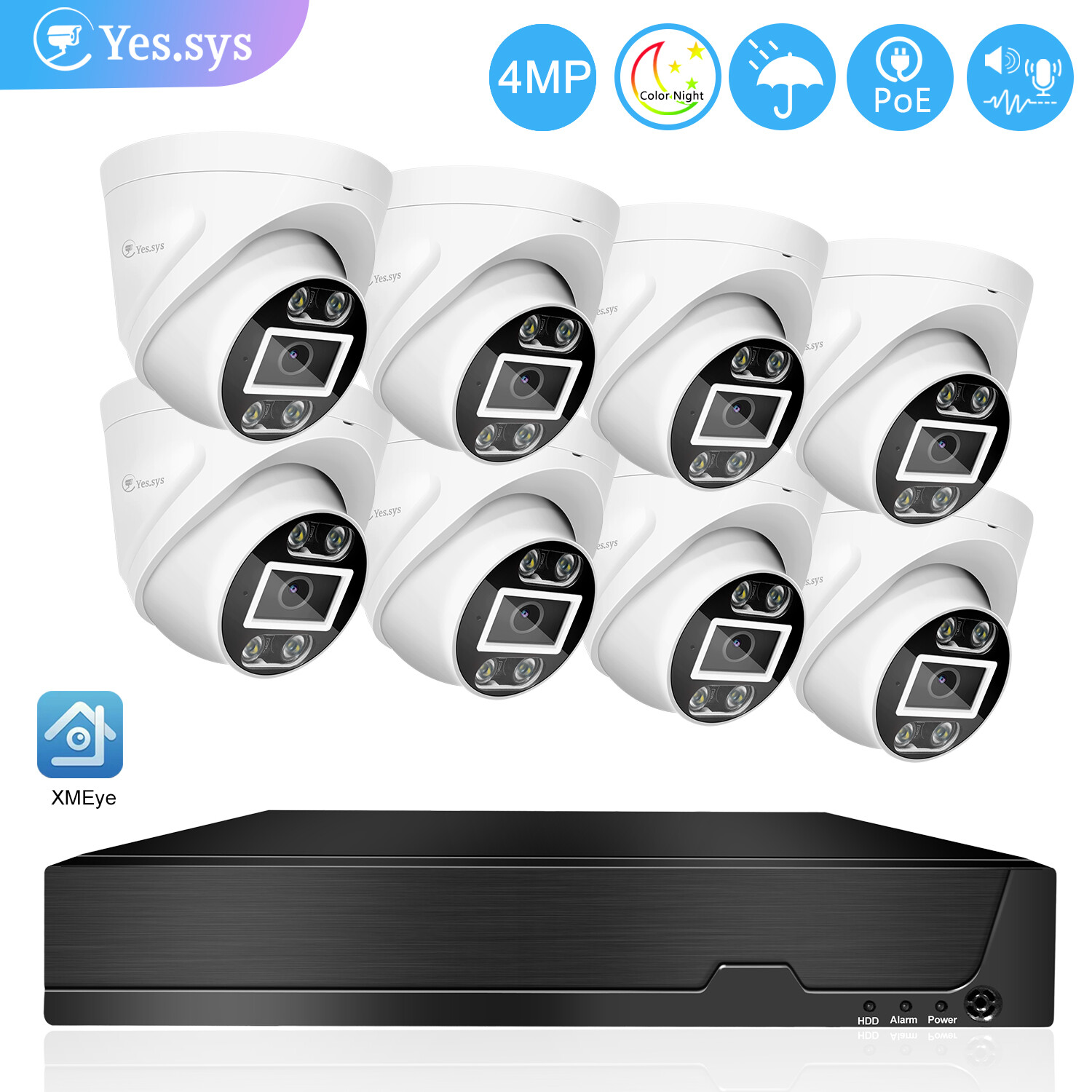 Eyes.sys 4K POE NVR 8pcs 4MP Two-Way Audio ColorVu DOME Security Camera System