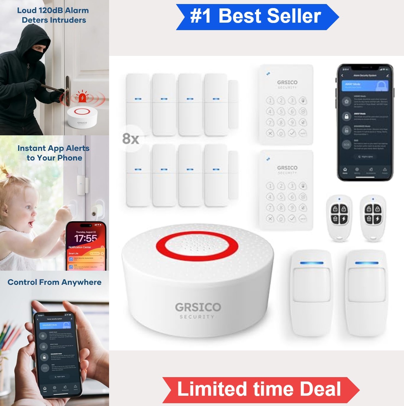 Wireless Home Alarm System 15 Piece WiFi Security Kit Phone App Alert Siren