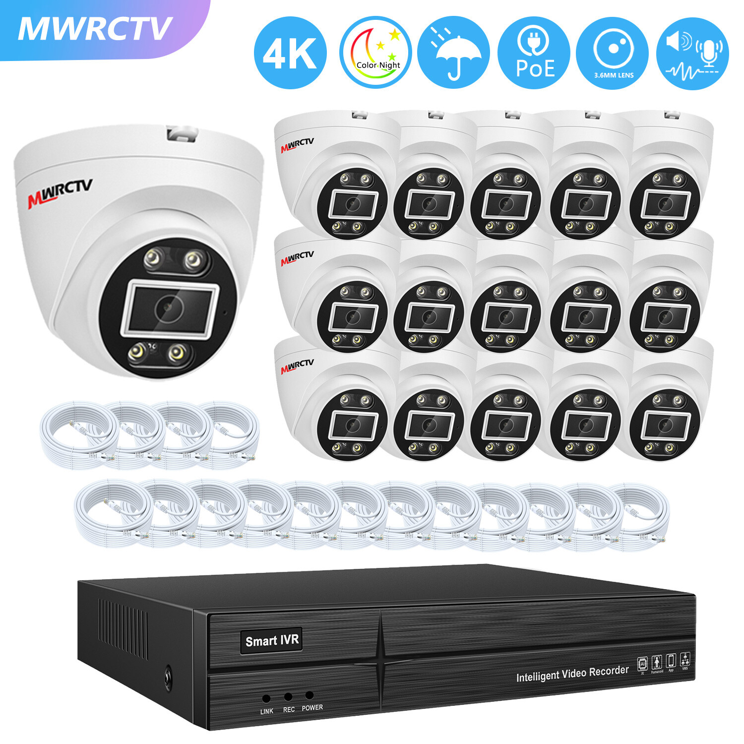 16pcs Audio 8MP 2.8mm Lens Dome Security Camera 16CH 4K 8POE NVR AI Home System