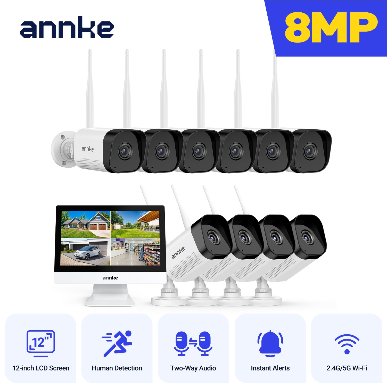 ANNKE 4K 10CH 12” Monitor Wireless 8MP WIFI Security Camera System Two Way Audio