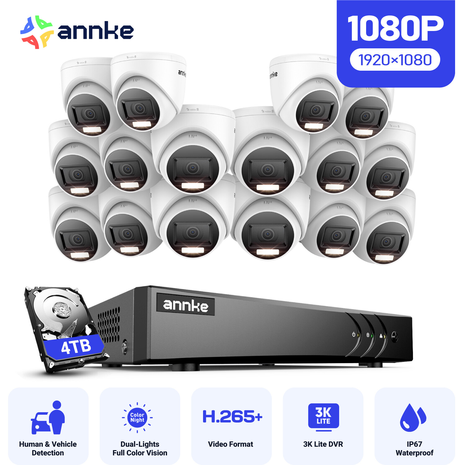 ANNKE 16CH 3K Lite 5in1 DVR 1080P CCTV Security Camera System IR Night Vision