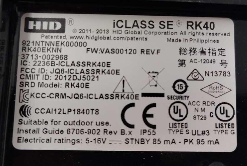 Schlage HID iCLASS SE Card Reader with Keypad Part/Model # RK40