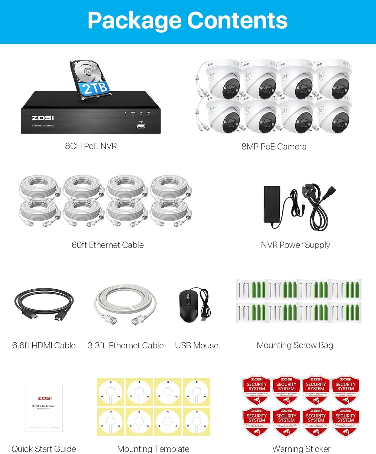 ZOSI 8CH 4K 8MP Security PoE Camera System Outdoor Person Vehicle Detect 2TB HDD