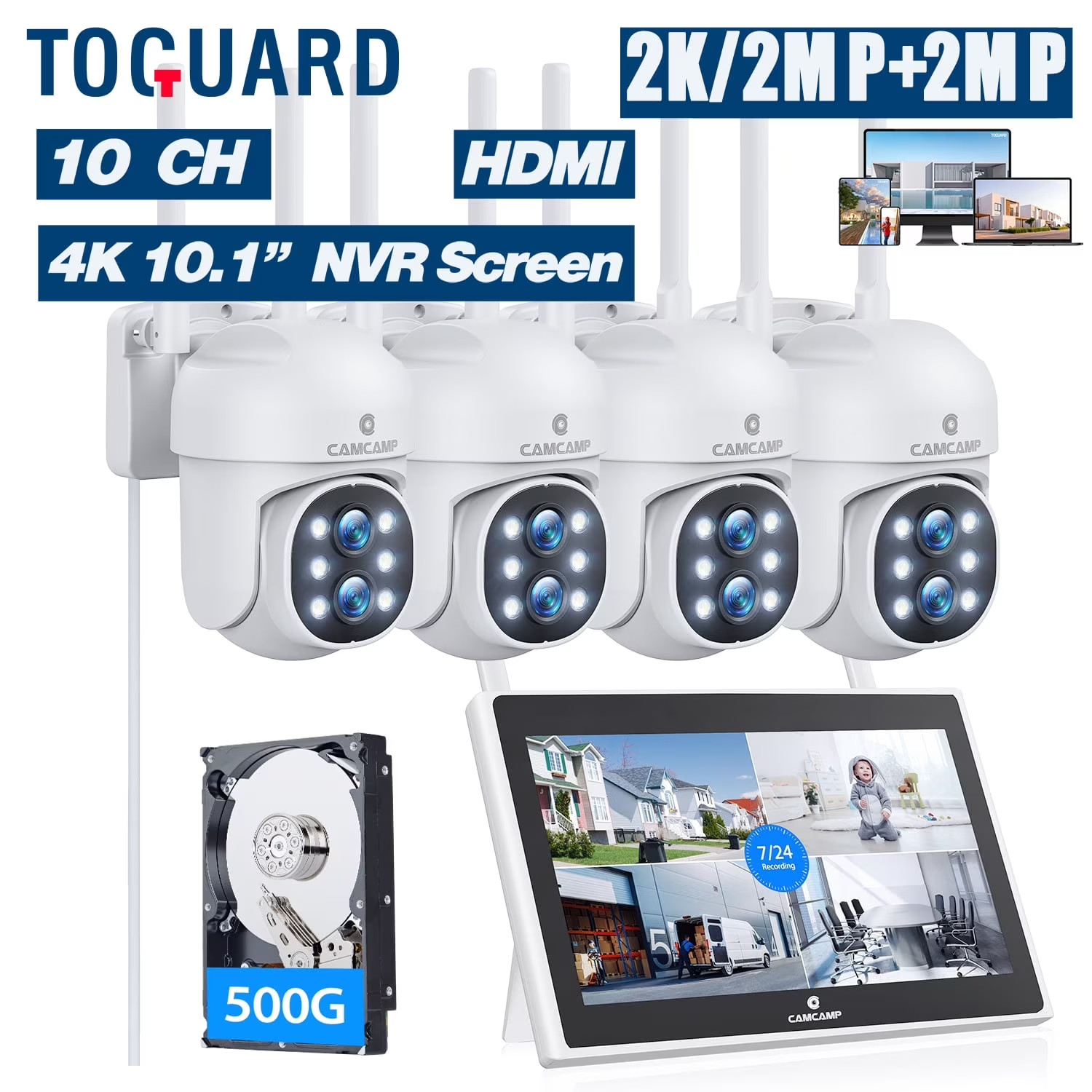 SC37 10CH Wired Security Camera System Outdoor with 500G Hard Drive, 2K 10.1″ LC