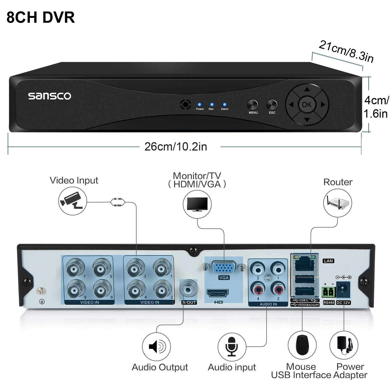 Sansco 5MP 8Ch DVR Wired Outdoor CCTV Camera System Surveillance Night Vision