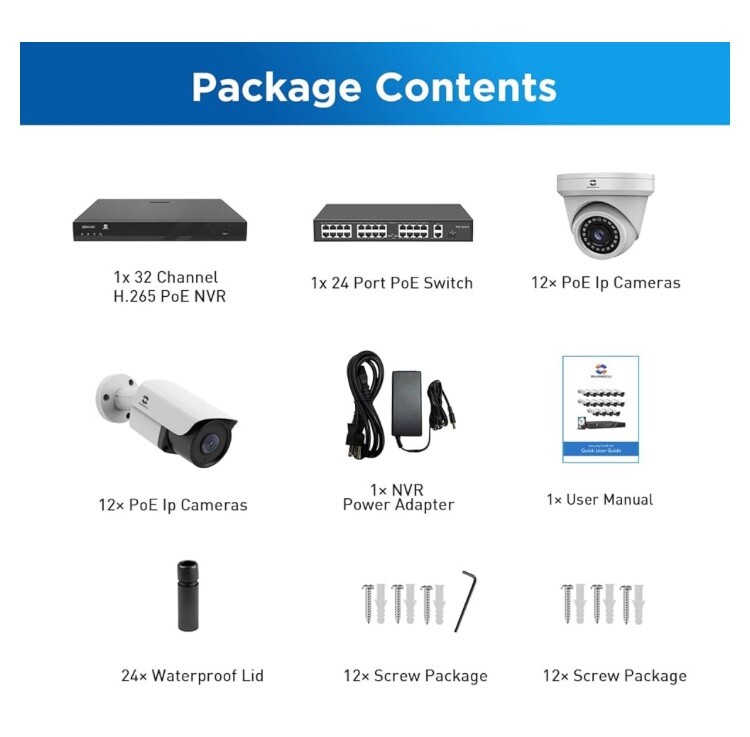 GWSECU 4K Security Camera System 32 Channel, (12)Dome/(12) Bullet 8MP PoE