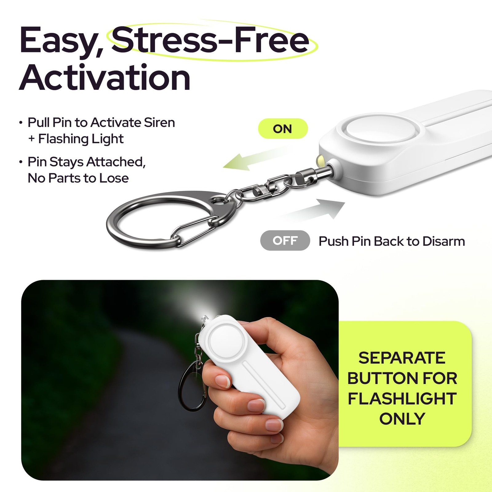 Personal Safety Alarm Keychain – 130dB Siren, LED Light, Panic Pin – Compact …