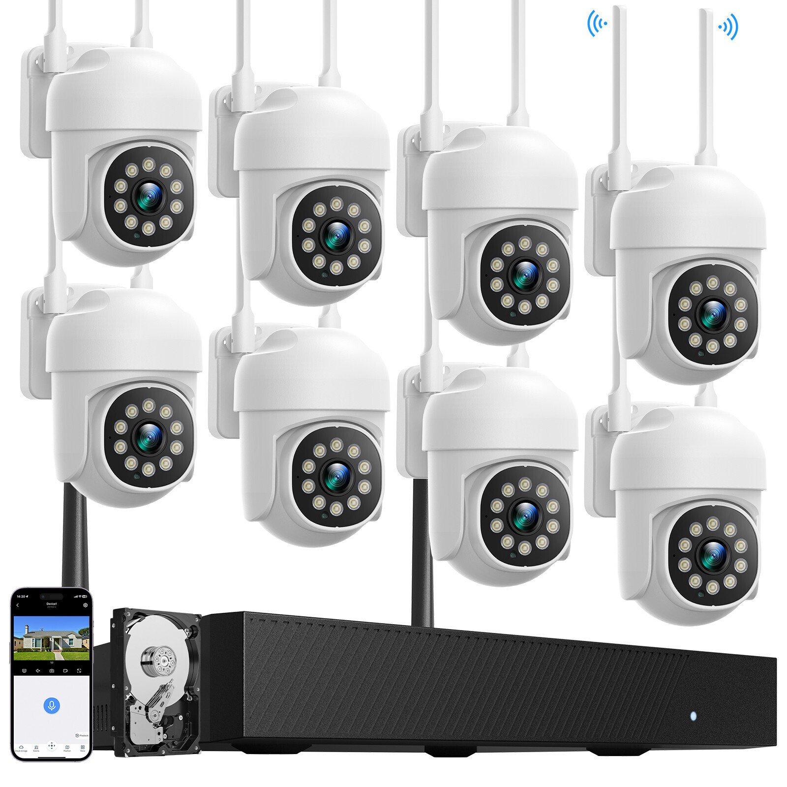 8Pcs PTZ Cameras Wireless CCTV Security Camera System WiFi 16CH 4K NVR Audio US