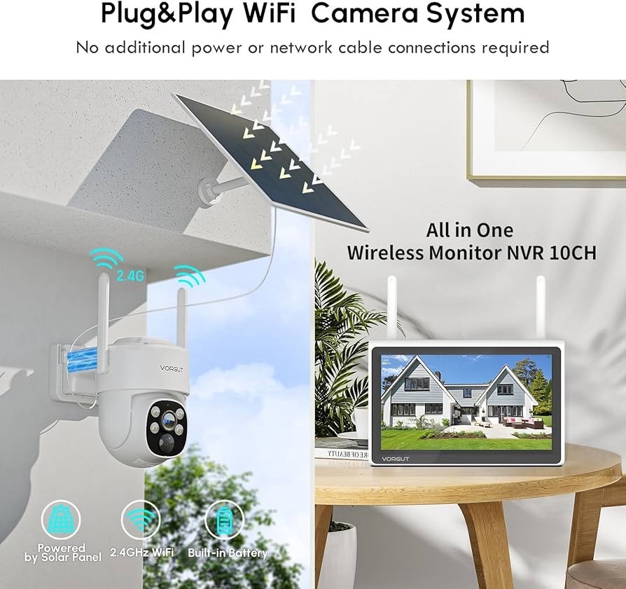 (YBL) Solar Wireless Security Camera System 2.5K PTZ 2 Cameras 10” Monitor NVR