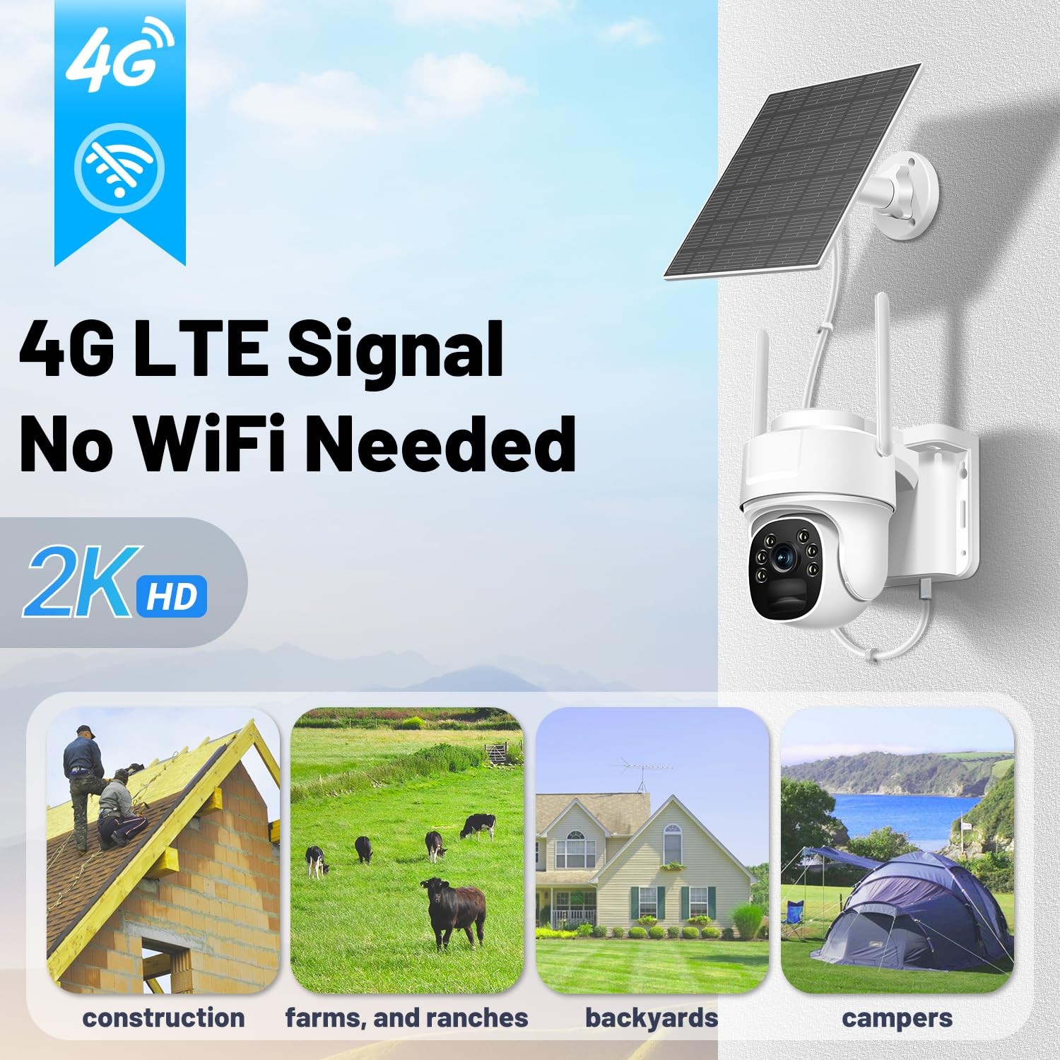 runofast 4G LTE Cellular Security Camera, Wireless Solar Powered No White