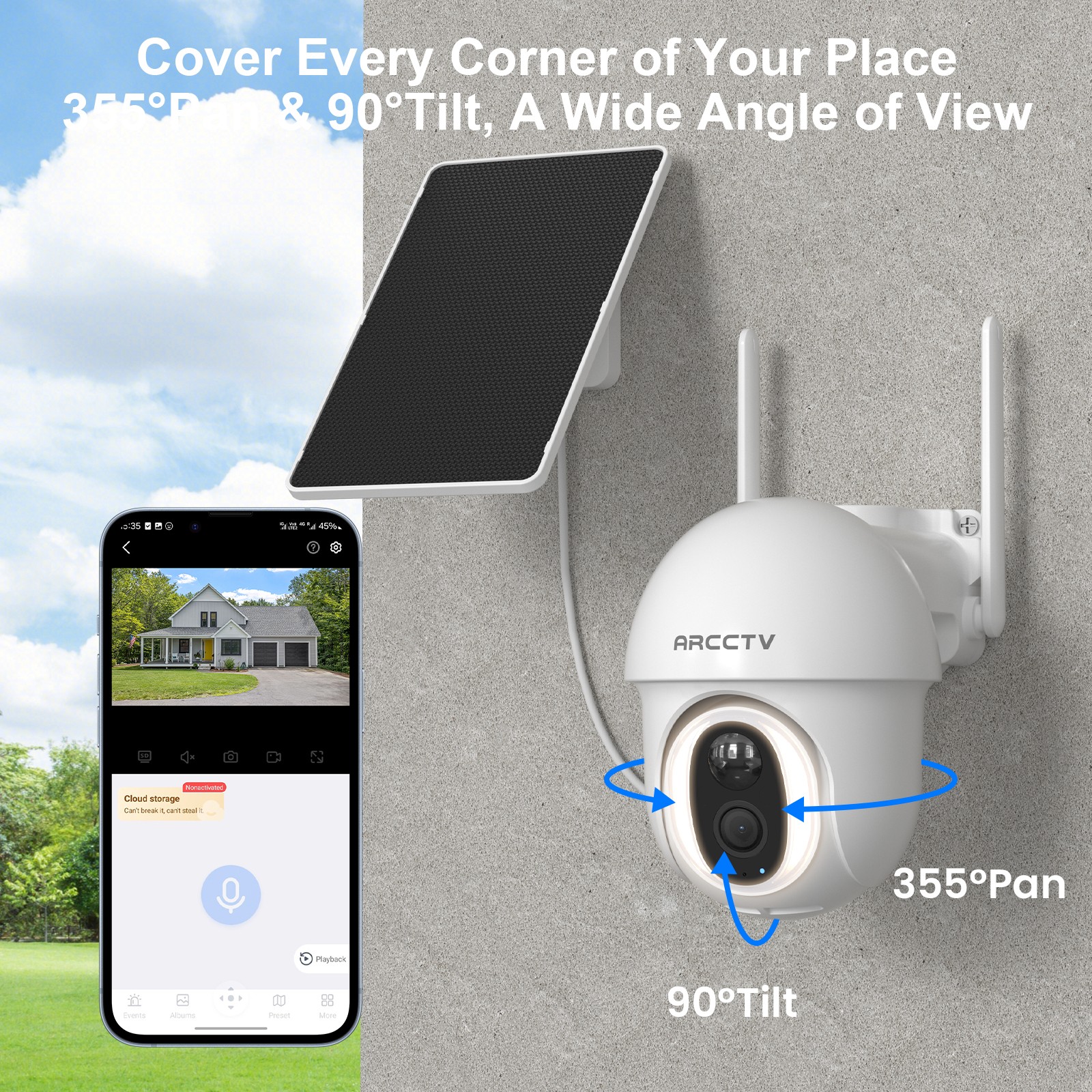 ARCCTV 4G LTE Outdoor Solar Security Camera 360° PTZ Wireless 2Way Audio 2PACK