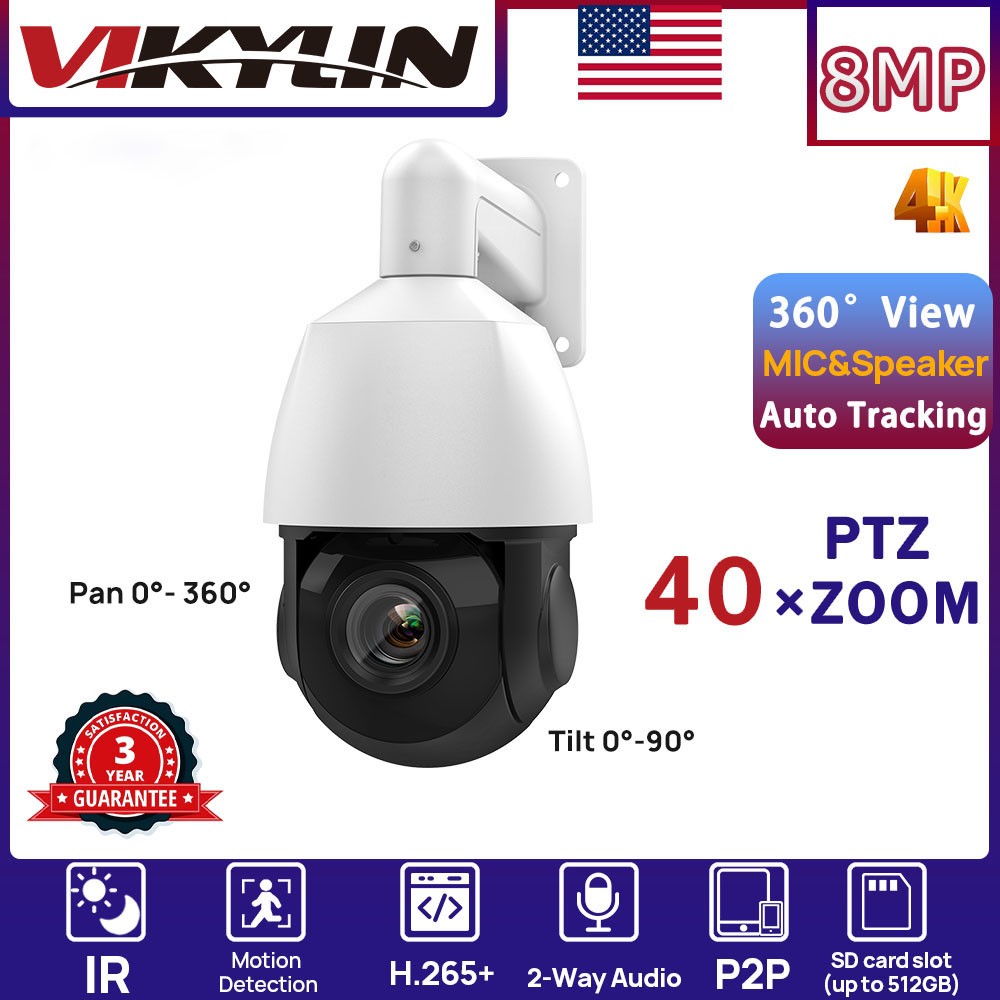 VIKYLIN 8CH 8POE NVR 40×ZOOM 360° IR100M 8MP PTZ Camera System Auto Tracking Lot