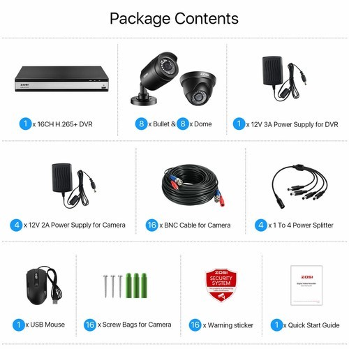 ZOSI 16 Channel H.265+ DVR Hard Drive 2TB 16 1080p Security Camera System