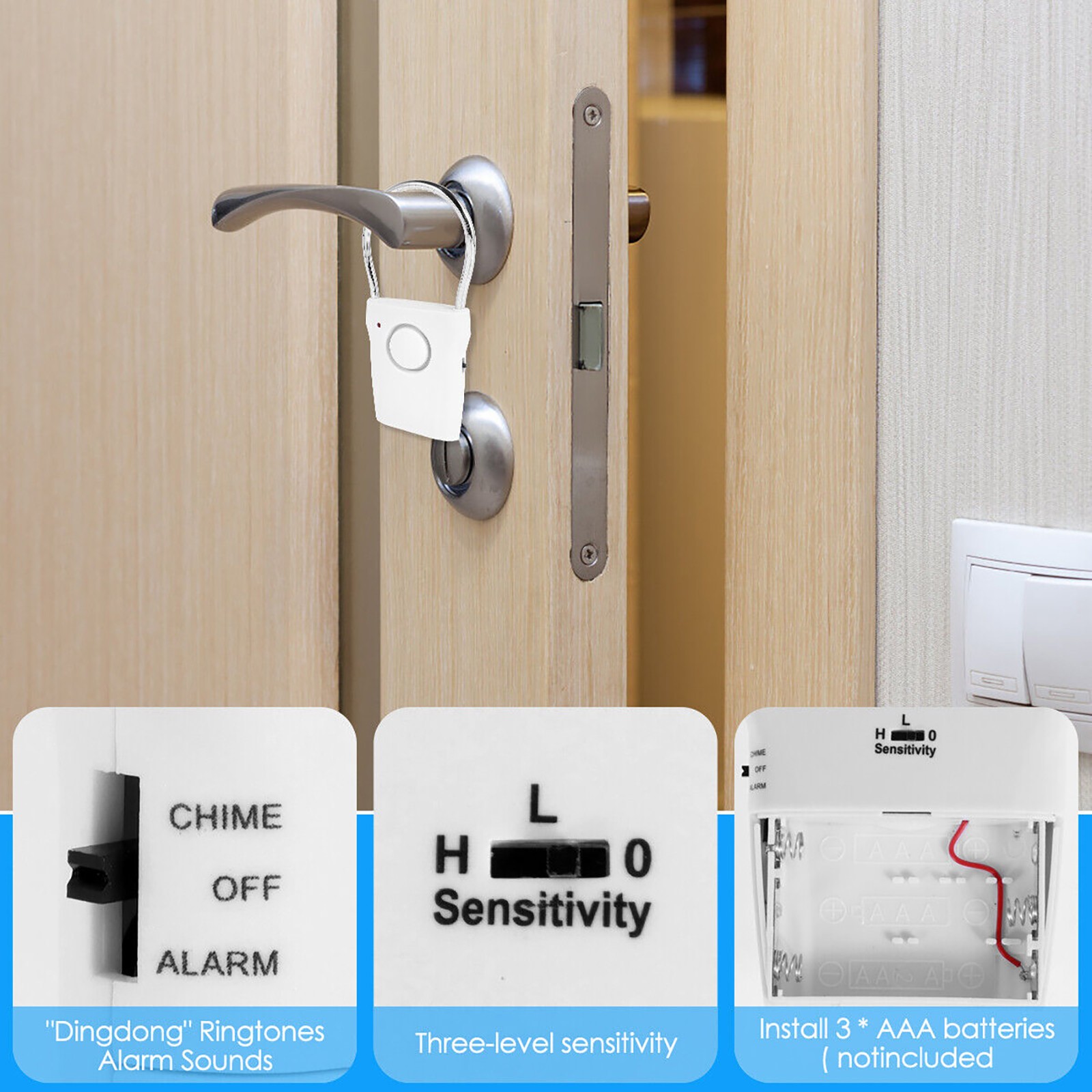 White Door Handle Alarm 115dB Door Security Alarm Touch Sensor Anti-Theft Alarm