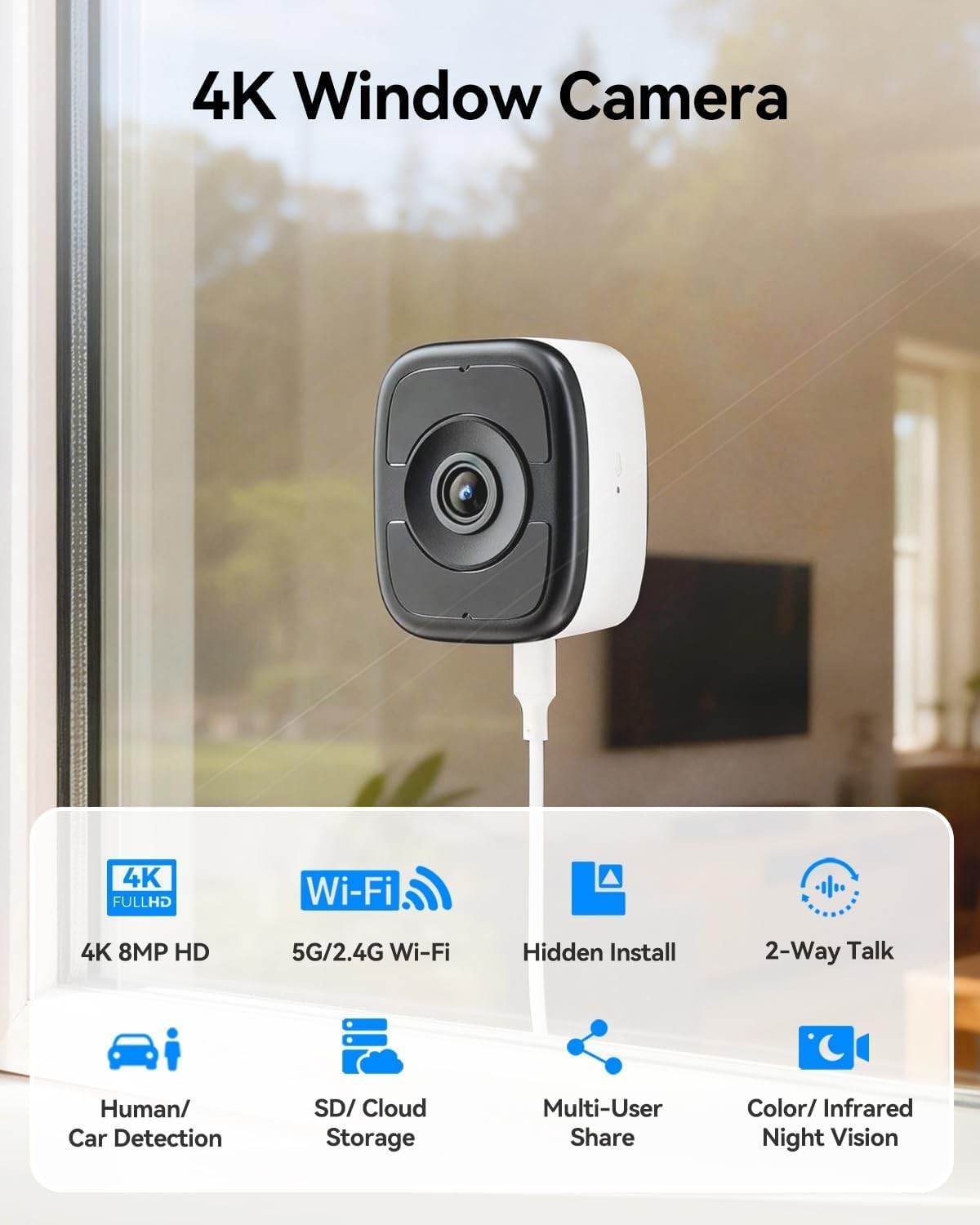 LongPlus 8MP 4K Window Camera, 5GHz & 2.4GHz WiFi Camera for Home Black