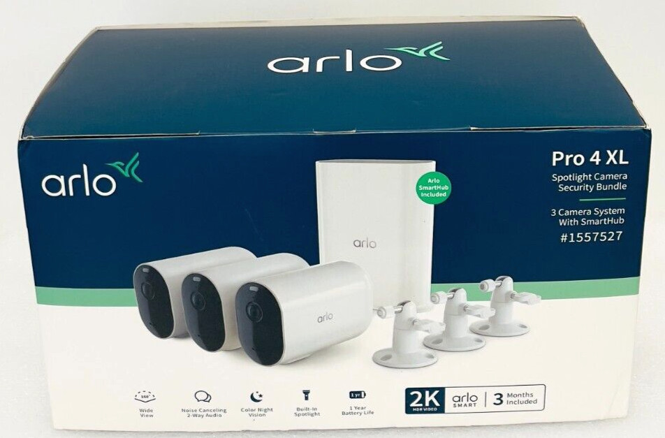 New Arlo Pro 4 XL Spotlight 3 Camera Security Bundle VMS4352P-1CCNAS