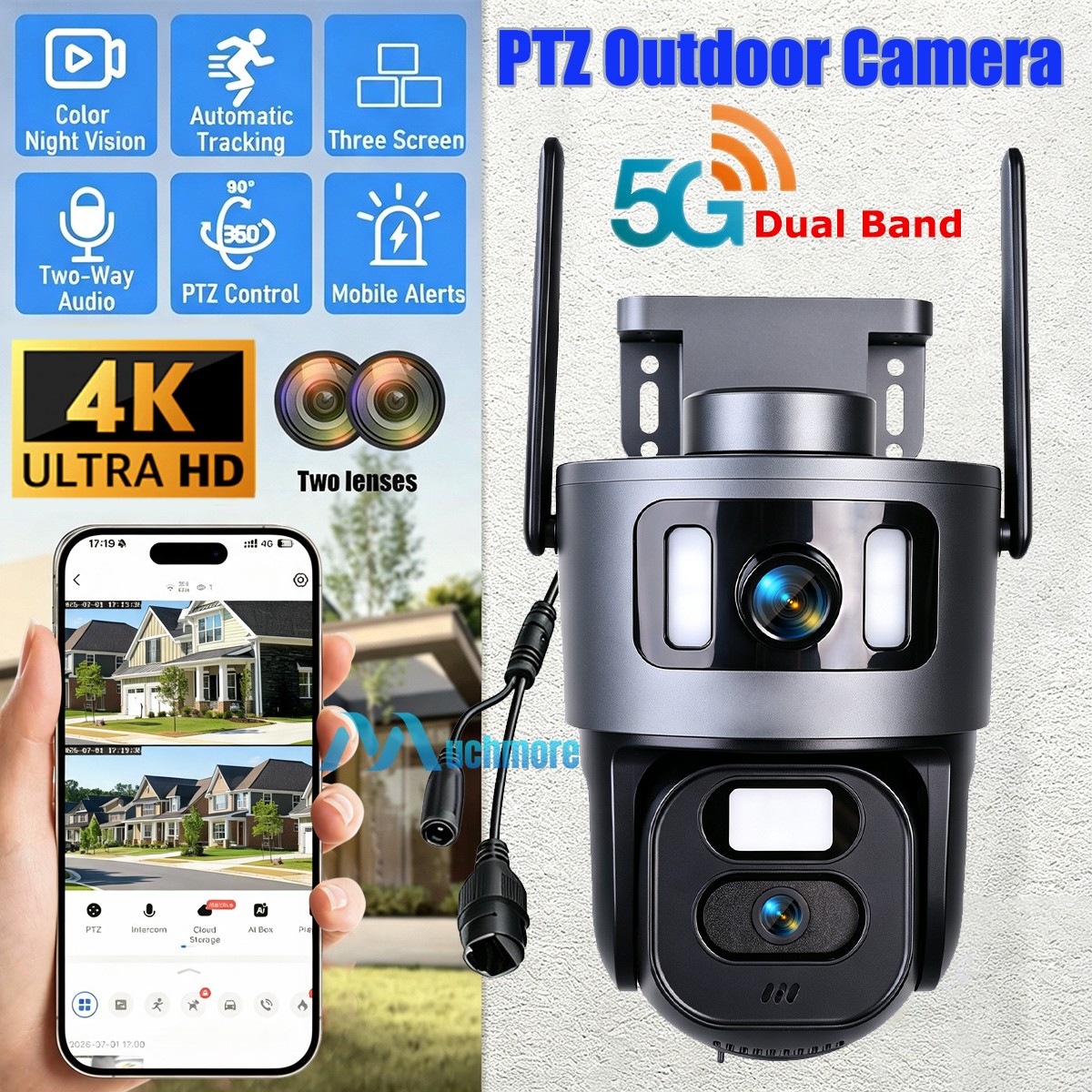 4K WiFi Triple Lens Security Camera Outdoor Home Night Vision 360° PTZ 10X Zoom