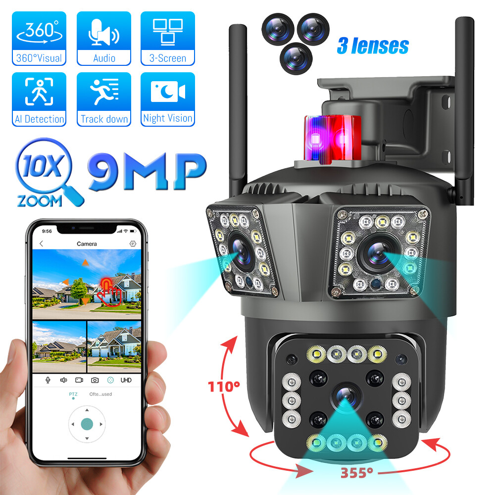 4PCS 3 Lens HD 9MP WiFi IP Camera Wireless Outdoor CCTV PTZ Home Security IR Cam