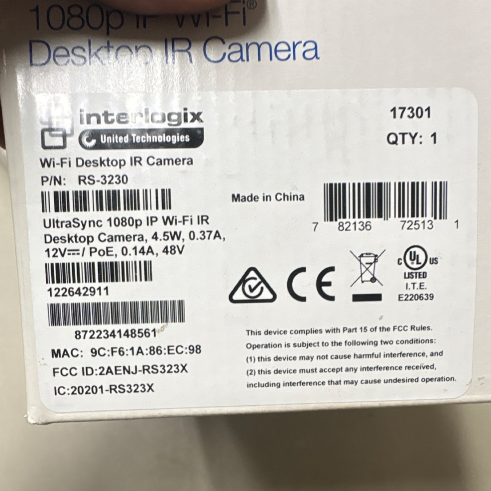 Interlogix UltraSync RS-3230 1080p IP Wi-Fi Indoor Camera Night Vision IR Alarm