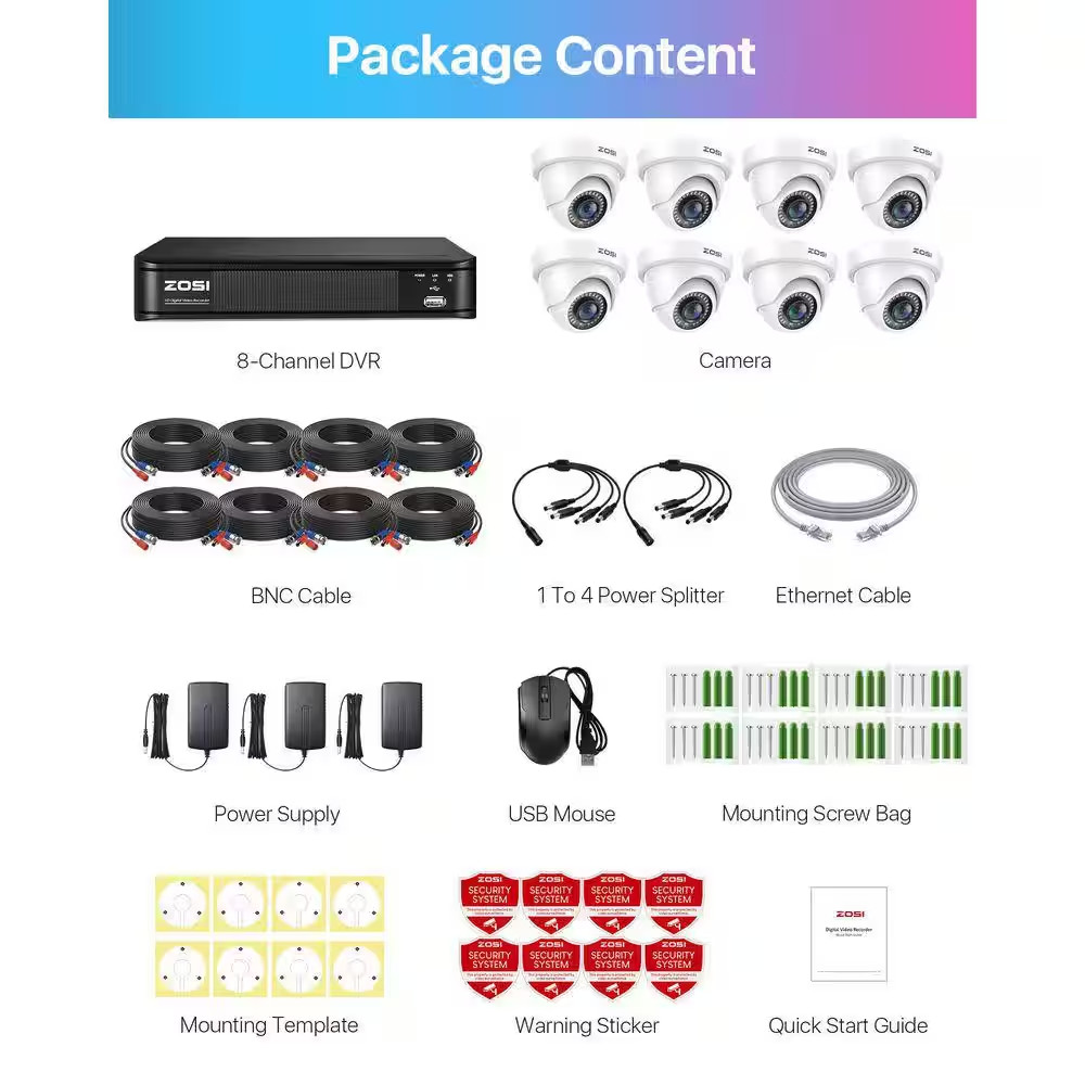 8-Channel DVR Home Security System with 8-Wired 1080P FHD Outdoor Dome Cameras,