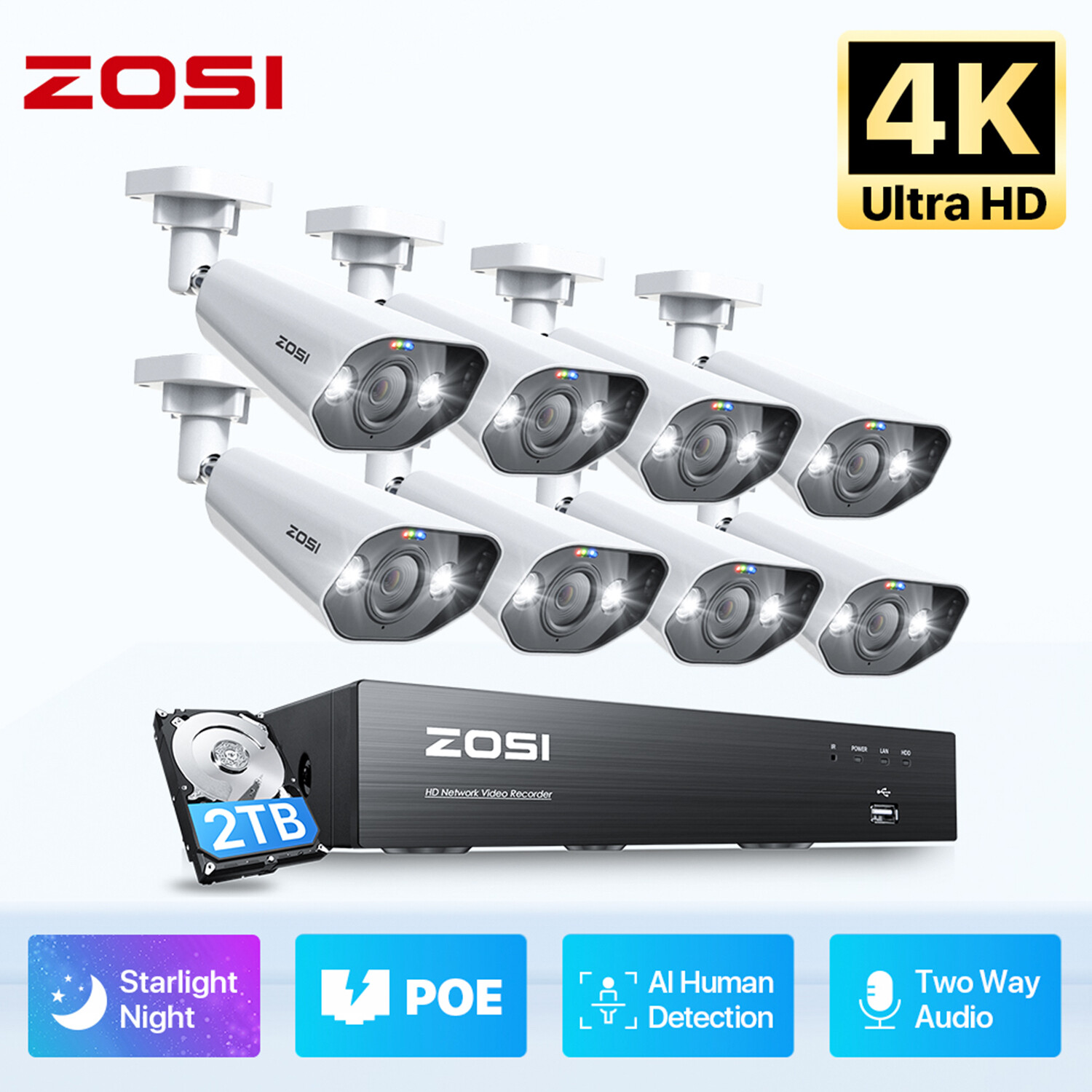 ZOSI 8CH 4K NVR 8MP PoE Security Camera System 2TB 24/7 Audio Record AI Motion