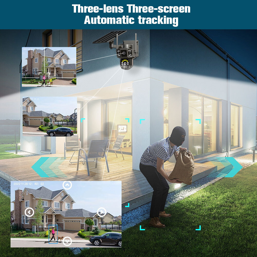 9MP4K Dual Screen Solar Camera Outdoor Wireless WiFi PTZ Dual Lens Security