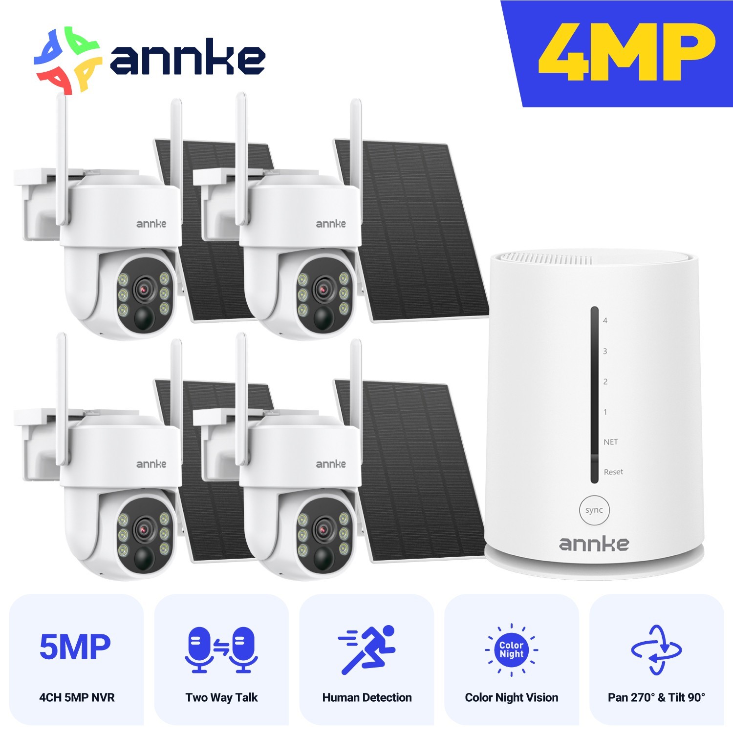 Annke 4MP Wireless Solar Battery Powered Security Camera System PT Color Night