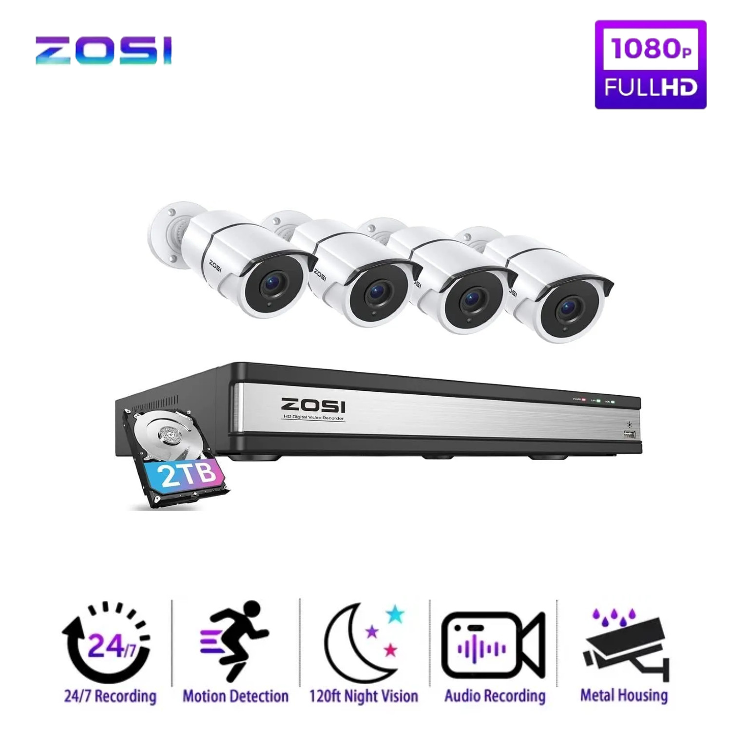 ZOSI 5MP 16CH Security CCTV 2MP Camera System Night Vision 24/7 Record 2TB HDD