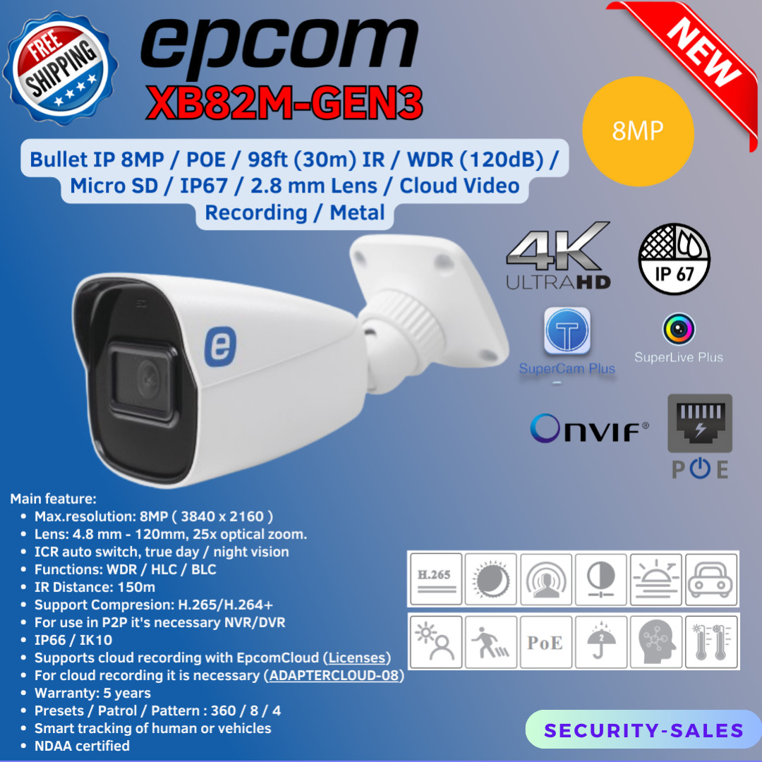 EPCOM XB82M-GEN3 8MP POE METAL BULLET IP +AUDIO ONVIF TVT 30M IR IP67 2.8mm Lens