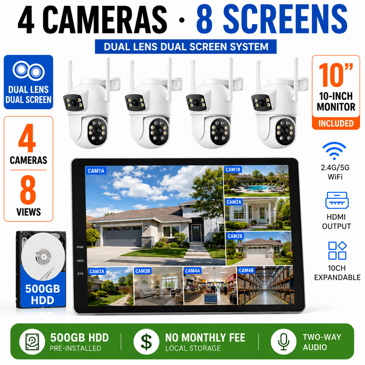 4MP Home Wireless Security Camera System Outdoor 500GB HDD 10CH WiFi NVR Audio