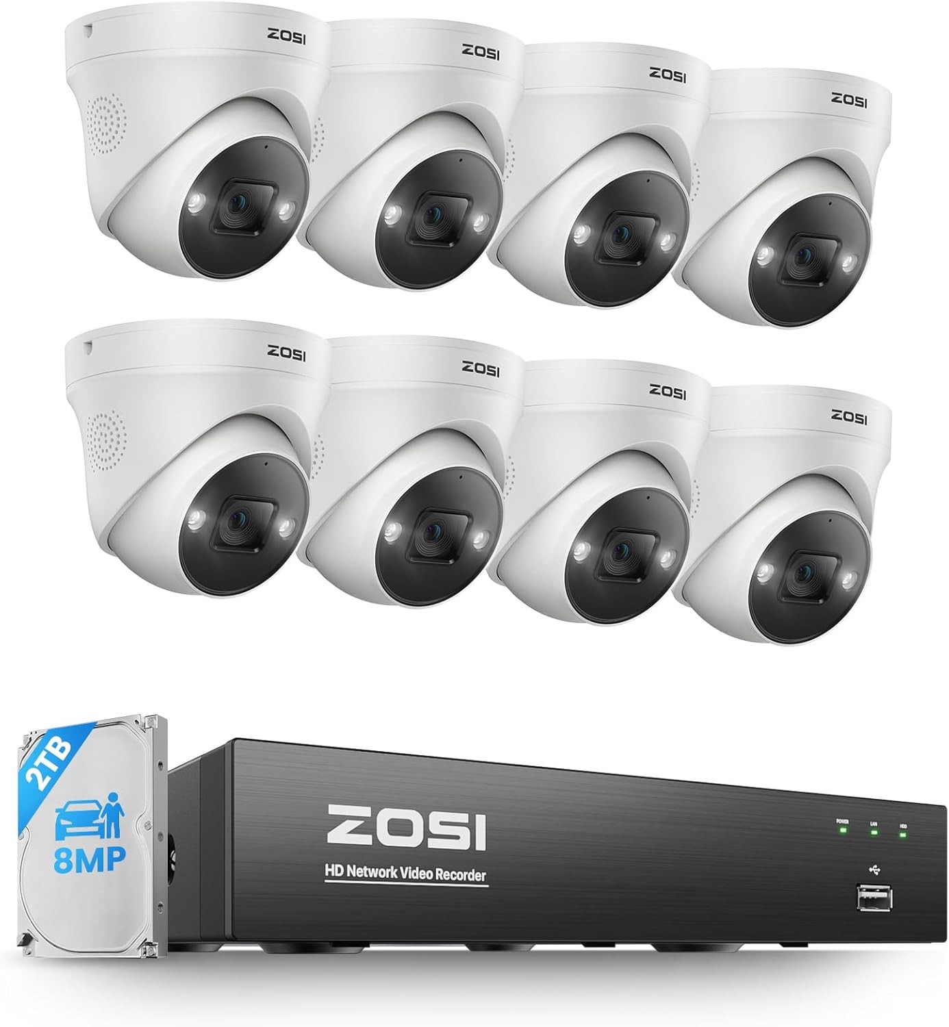 ZOSI 8CH 4K 8MP Outdoor PoE Security Camera System 2 Way Audio Night Vision 2TB