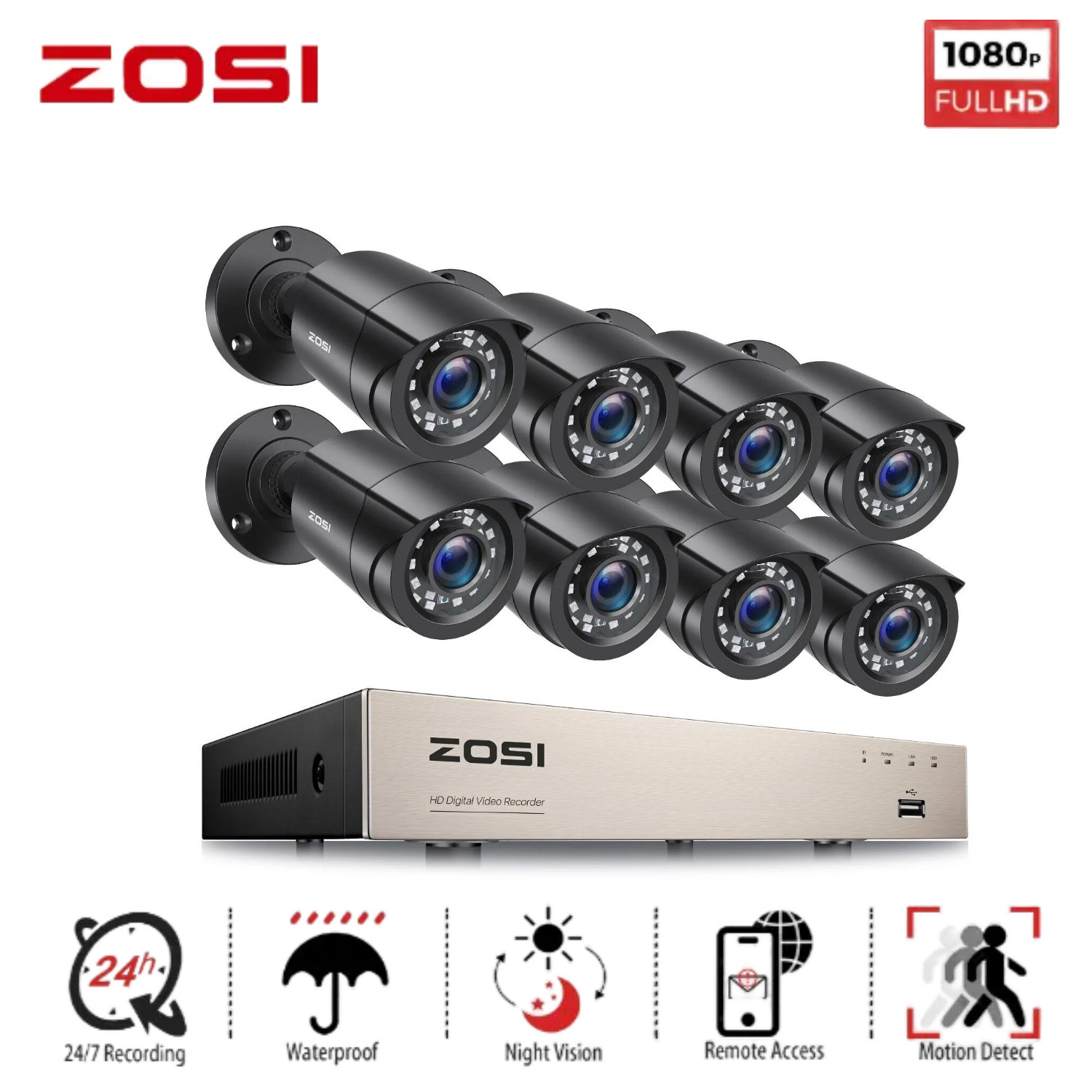 ZOSI 5MP H.265+8CH DVR Security Camera System Weatherproof Night Vision Outdoor
