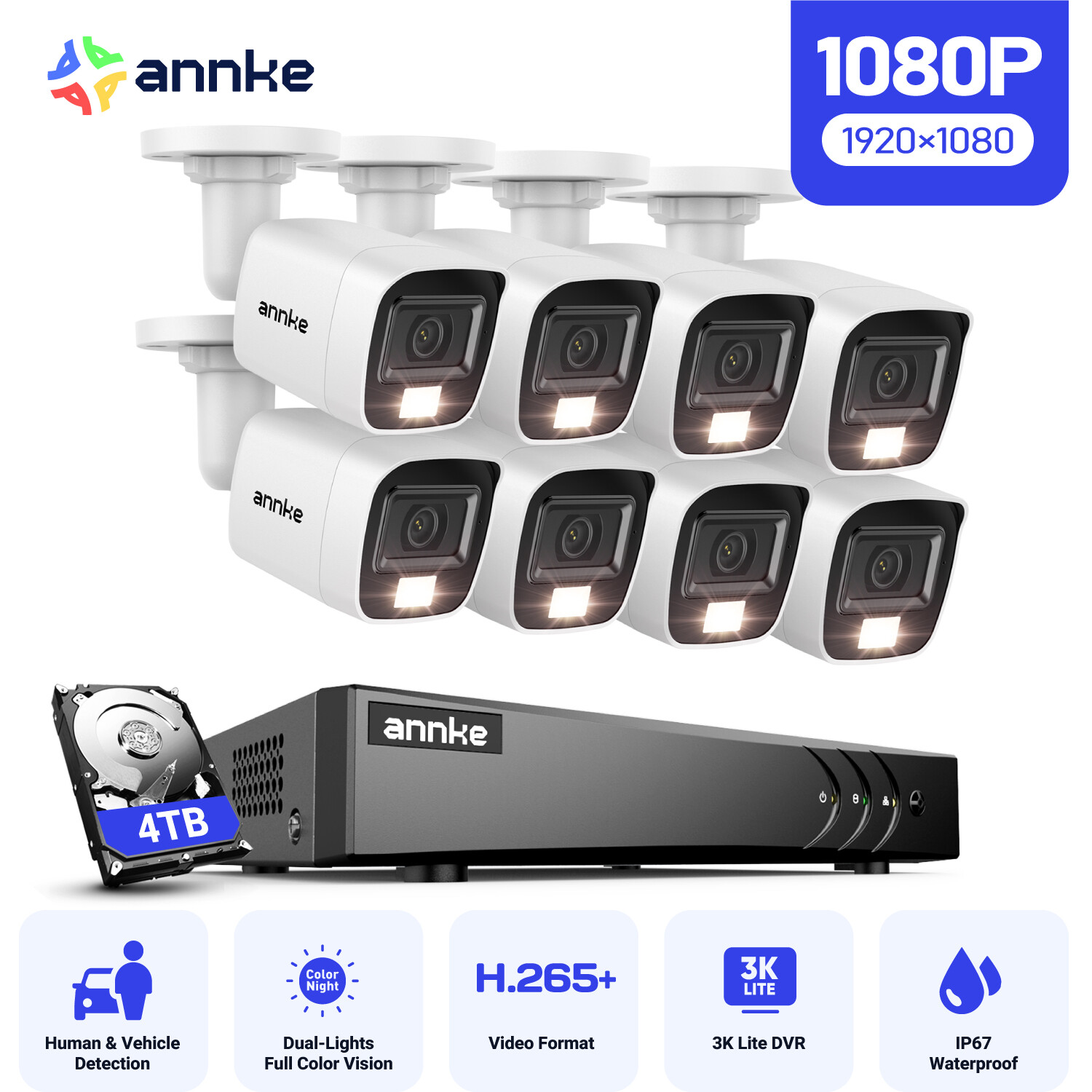 ANNKE 8CH 1080P Security Camera System 3K Lite DVR CCTV Human/Vehicle Detection