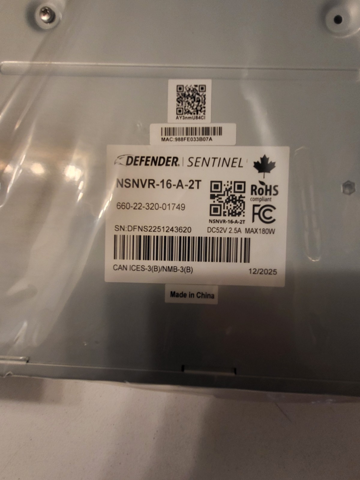Defender Sentinel NVR, NSNVR-16-A-2T, 4K Ultra HD 16 Ch POE 2TB No Cameras New