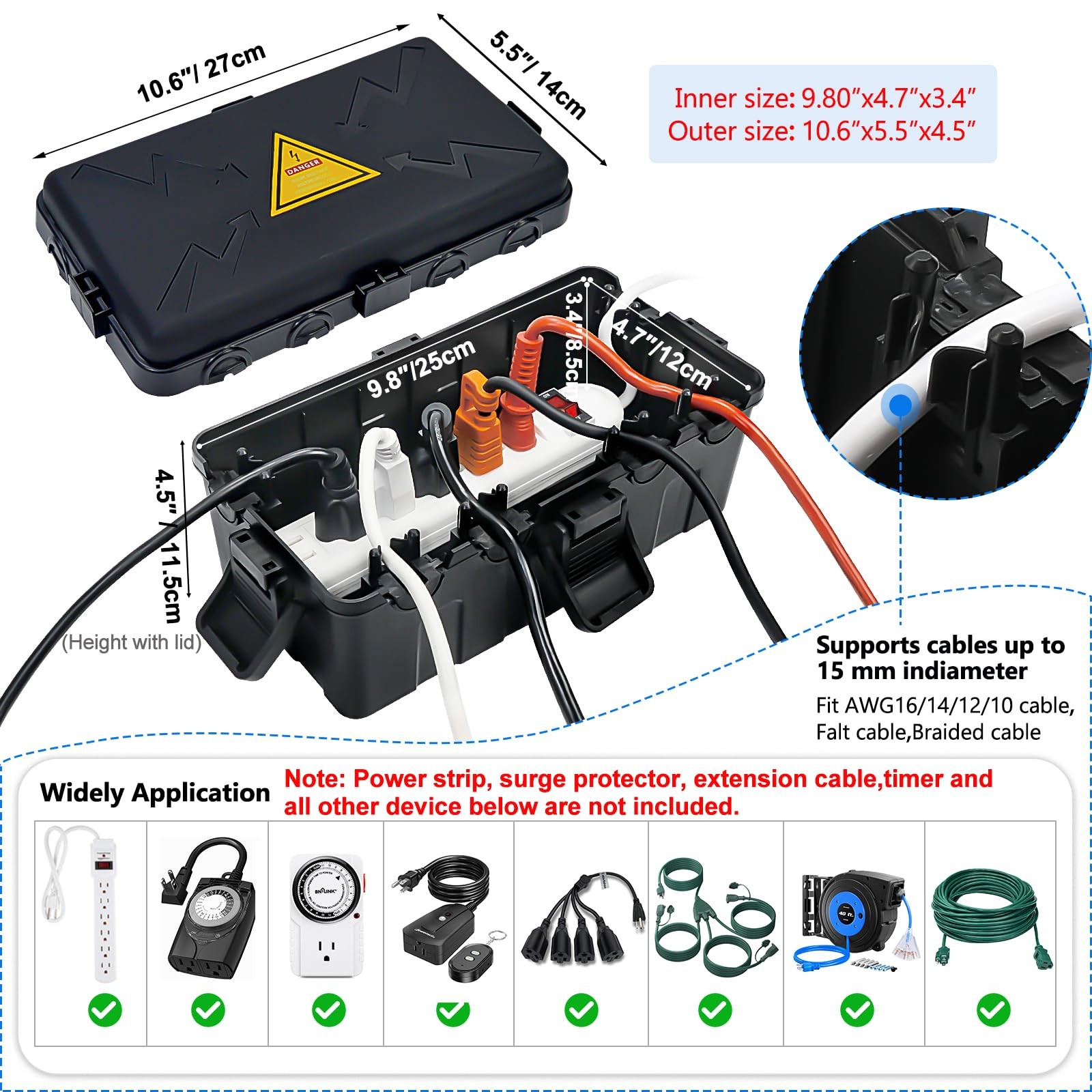 Hrensaw Medium Outdoor Electrical Box(10.6×5.5×4.5inch),Weatherproof Black