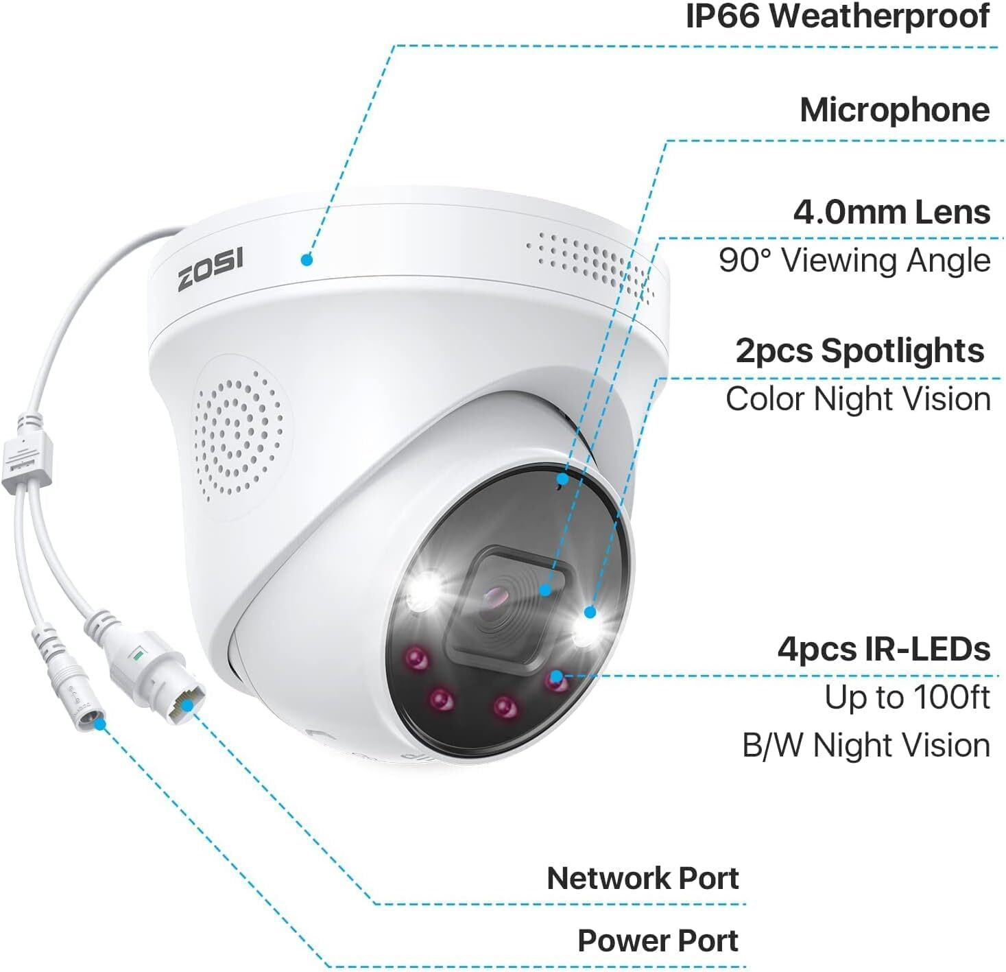 ZOSI 4K PoE Night Vision Only work with ZOSI PoE NVR Outdoor Security Camera