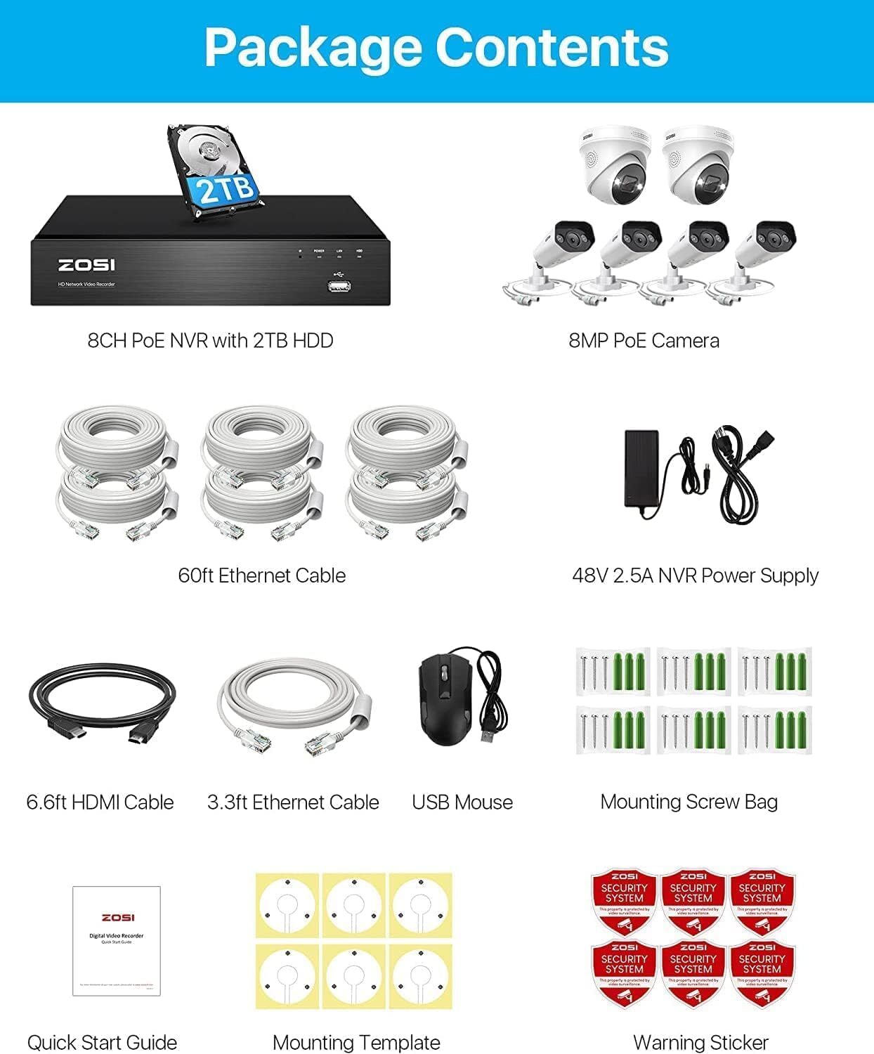 ZOSI 4K PoE Security Camera System 8CH 8MP NVR with 2TB HDD AI Human Detection