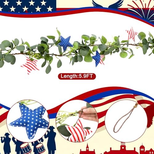 6ft Patriotic Garland 4th of July Patriotic Decor 250th Anniversary Red White