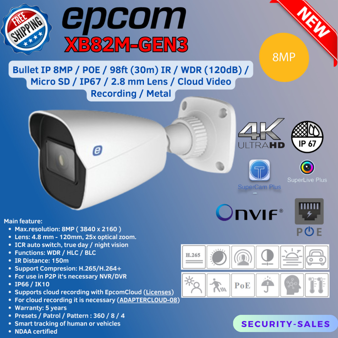 EPCOM XB82M-GEN3 8MP POE METAL BULLET IP +AUDIO ONVIF TVT 30M IR IP67 2.8mm Lens
