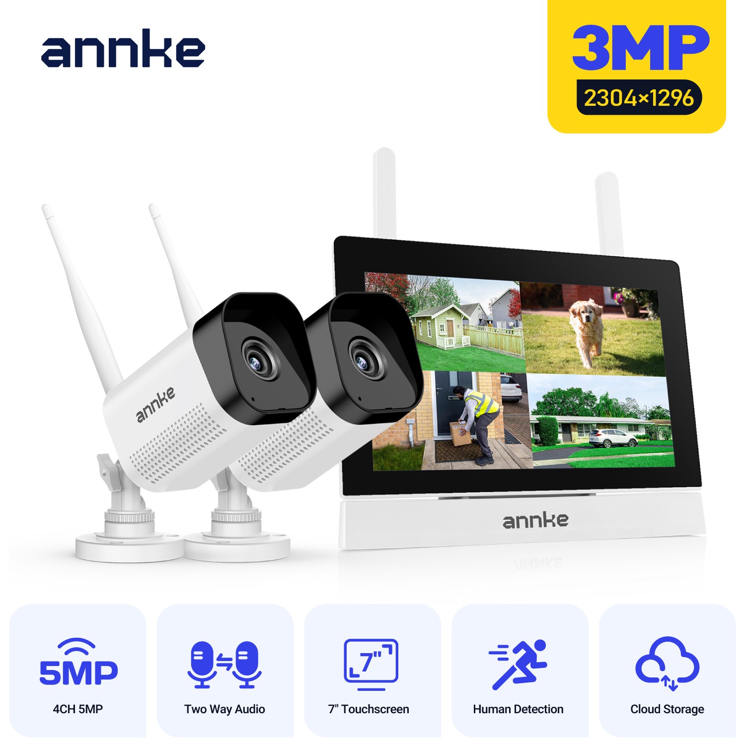 ANNKE Wireless 4CH NVR 7″ Monitor 3MP Audio Security Camera System Two-Way Audio